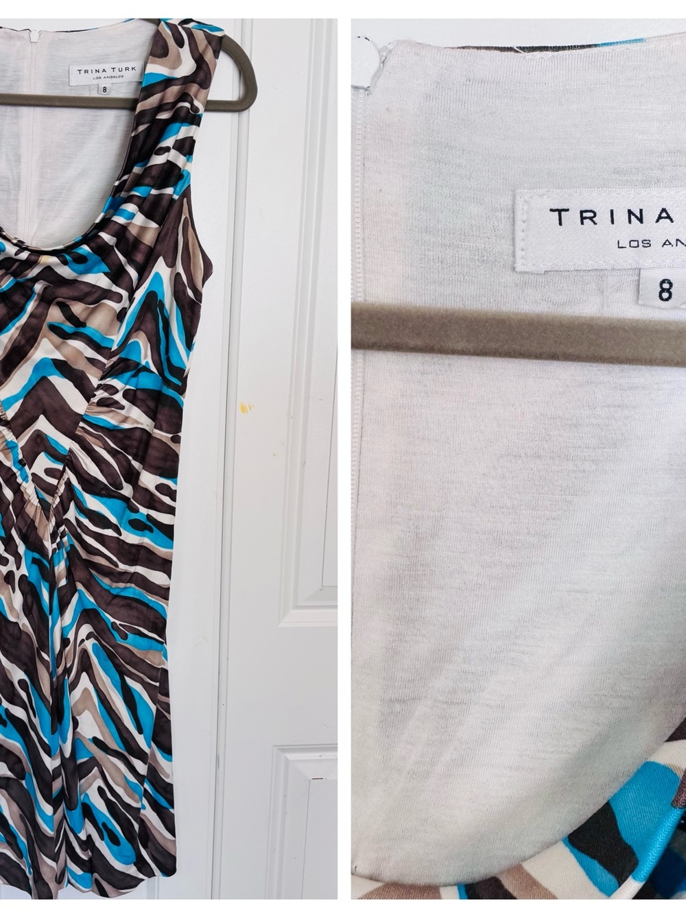 Trina Turk Blue Brown Black White Zebra-Print Sleeveless Chemise